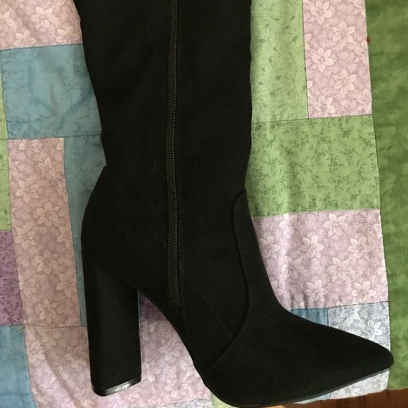 NIB Qupid Black Velvet Floral Embroidered Over-The-Knee High Heel Boots 5.5 - Picture 5 of 14